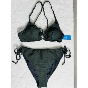 CUPSHE Metalic Green Bikini 2Piece Set Swimsuit V Neck Low Rise Women Large Nwt